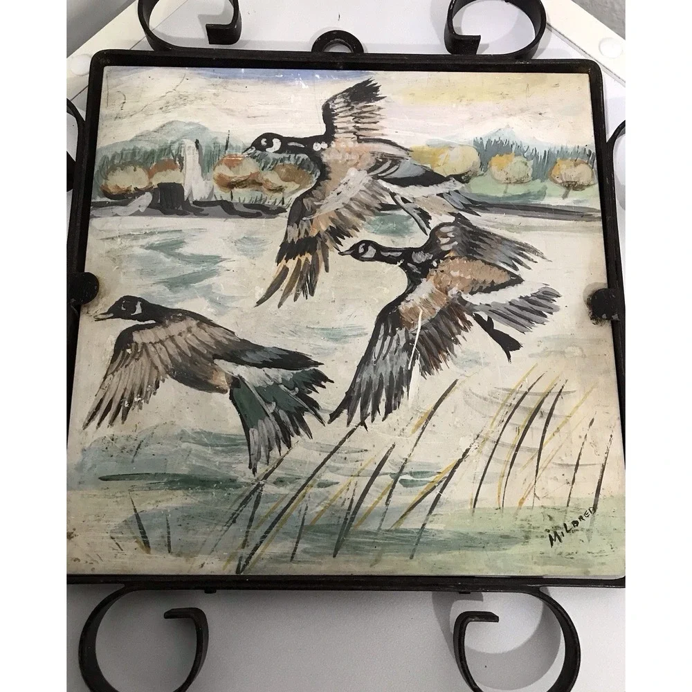 Vintage Geese Birds Tile Trivet Plaque Hand Paint Metal Scroll Frame Cabin Core